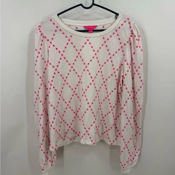 White Long Sleeve Top with Pink Diamond Dot Pattern - Picture 1 of 10